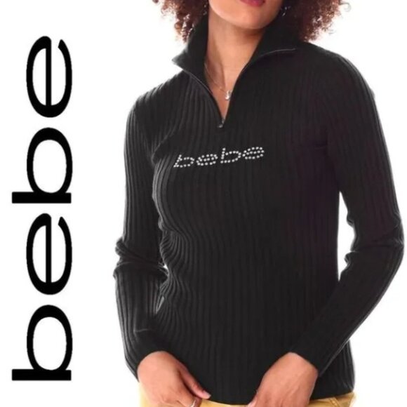M🖤Bebe Knit Sweater Black Ribbed Mock Neck Beaded Logo Retro Y2K 90s - Picture 2 of 11